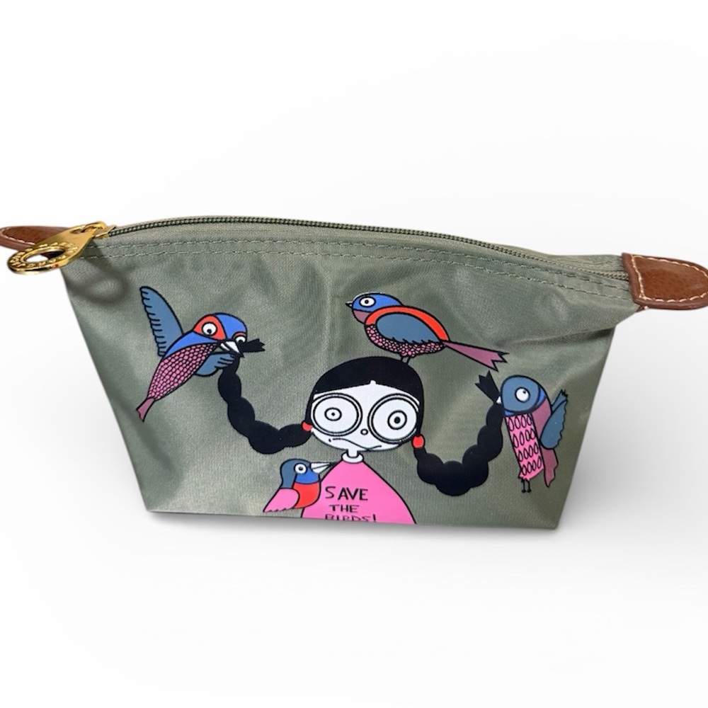 Save The Birds Graphic Green Nylon Cosmetic Makeup Bag